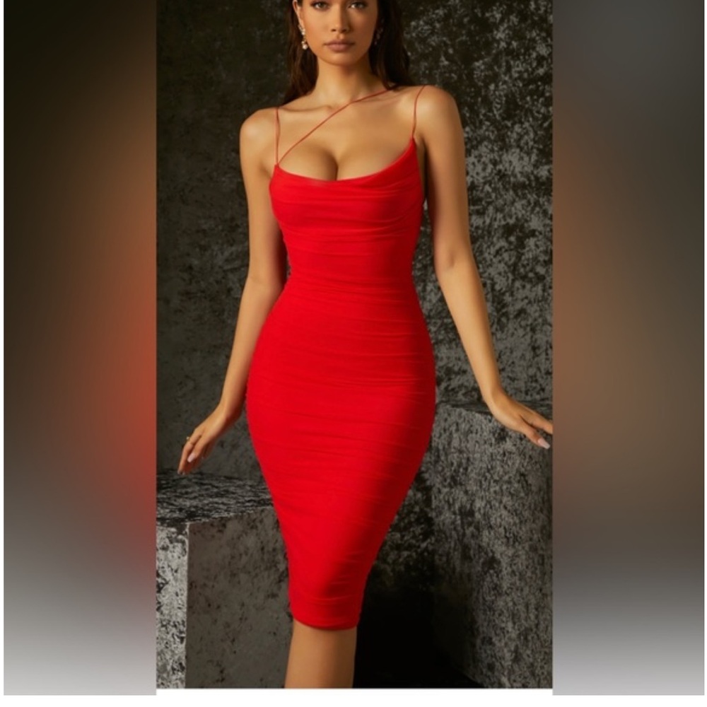 OhPolly Red Midi ruched Dress